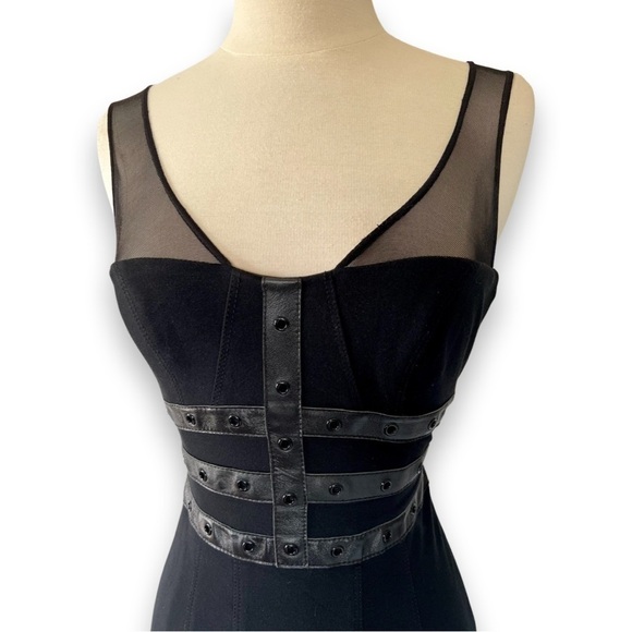 BEBE bodycon dress Sleeveless black cocktail faux leather trim - Picture 5 of 11
